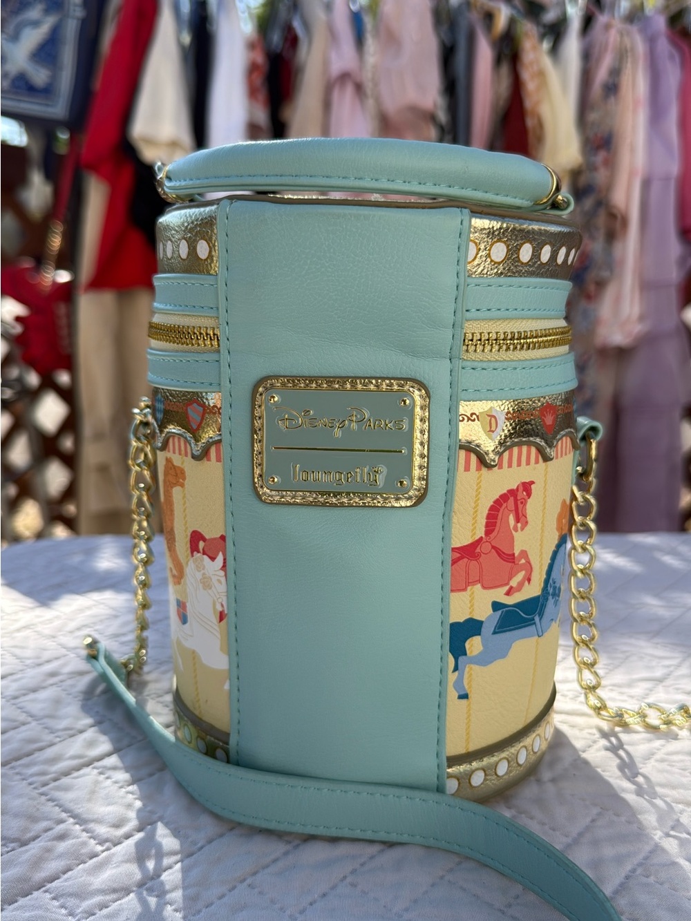 Loungefly Carousel Horse Round Crossbody Bag - Teal Trim with Gold Hardware - Picture 3 of 4
